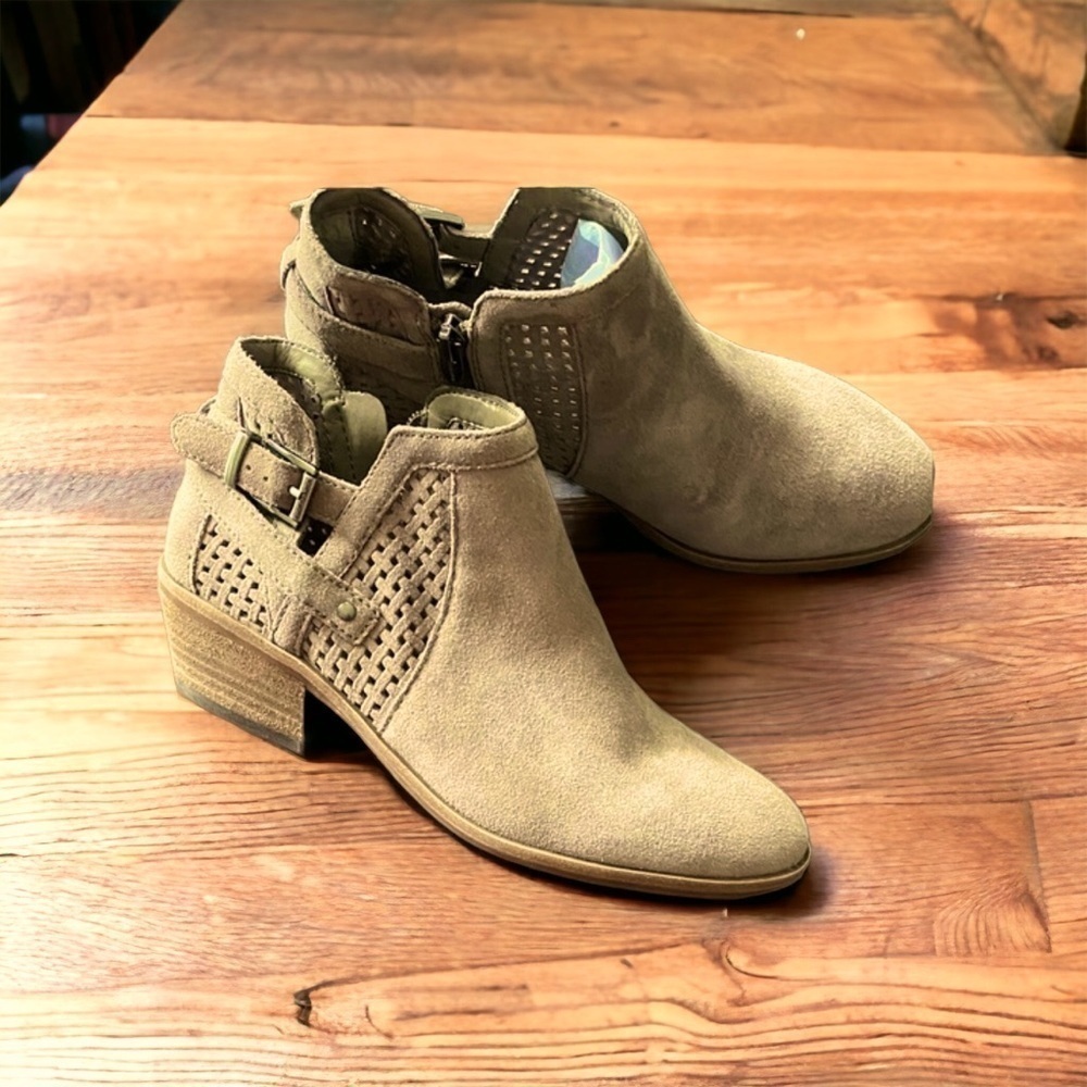 Vince Camuto Suede Laser Cut Taupe Suede Booties Strap Detail Size 7.5​​​​​​​​